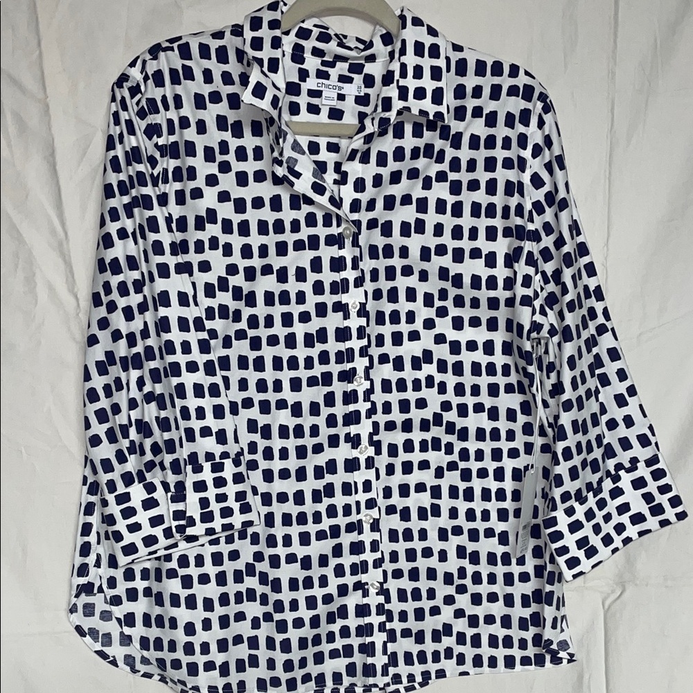 Chico's White Button-Down Shirt with Black Square Print. NWT. Size 14.